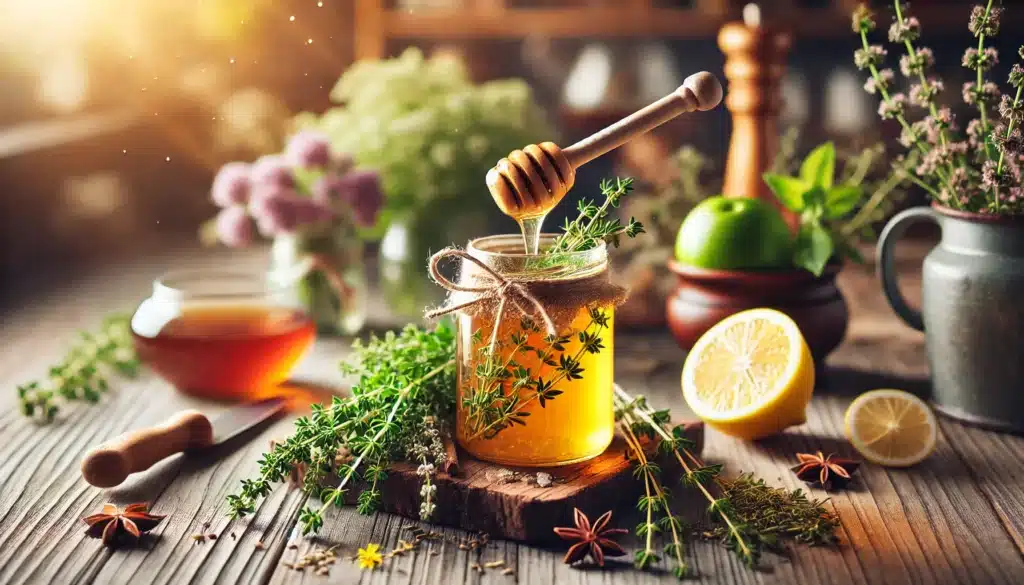 DALL·E 2024 12 16 13.11.35 A rustic jar of herbal honey for immunity placed on a wooden surface surrounded by fresh herbs like thyme elderflower and lemon grass. Honey is drip