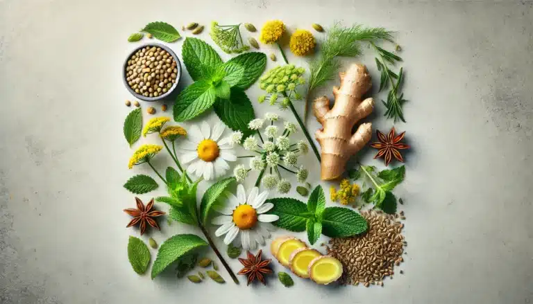 DALL·E 2024-12-17 21.00.09 - A visually appealing image of various natural herbs known to relieve bloating, arranged elegantly on a clean, neutral background