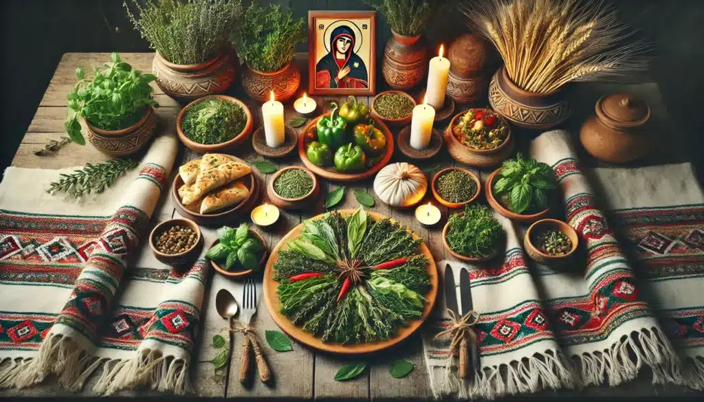 DALL·E 2024 12 23 18.00.56 A festive and traditional Bulgarian Christmas table setup featuring symbolic herbs like basil mint savory thyme and dill. The table is decorated w