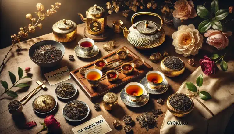 DALL·E 2025-01-08 19.40.10 - A luxurious flat-lay view of a wooden table showcasing the most expensive teas in the world