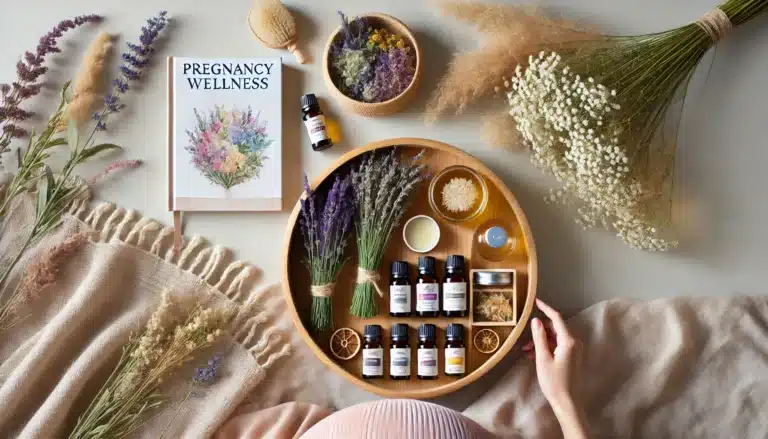 DALL·E 2025-01-15 14.41.44 - A beautifully arranged flat-lay featuring essential oils safe for pregnant women, including lavender, chamomile, and citrus oils