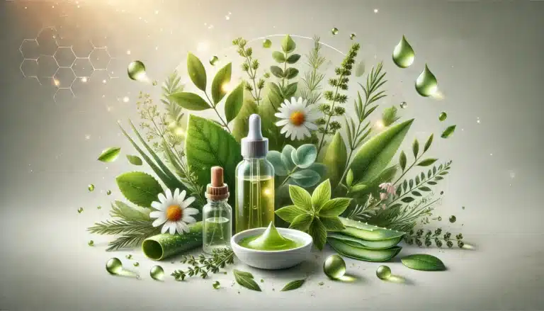 DALL·E 2025-01-21 19.04.23 - An artistic visualization of skincare herbs for oily skin, featuring 10 different herbs arranged in a natural composition