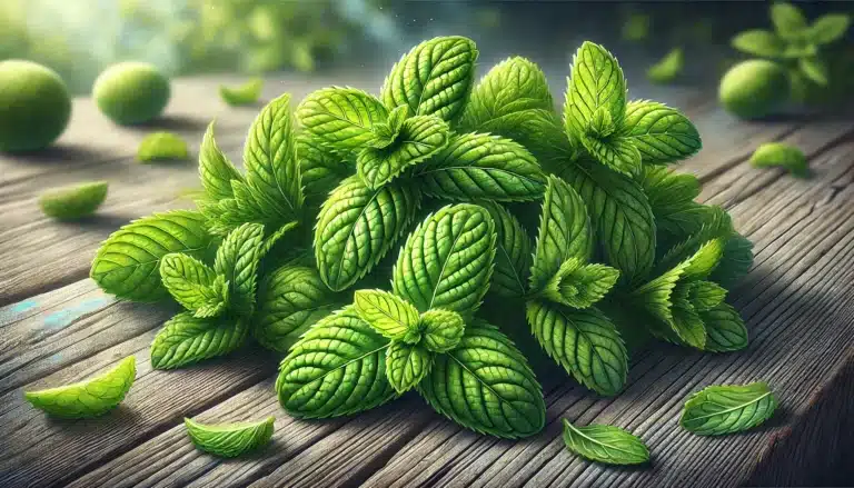 DALL·E 2025-01-23 19.27.37 - A vibrant and detailed illustration of fresh spearmint leaves (Mentha spicata) placed on a rustic wooden table