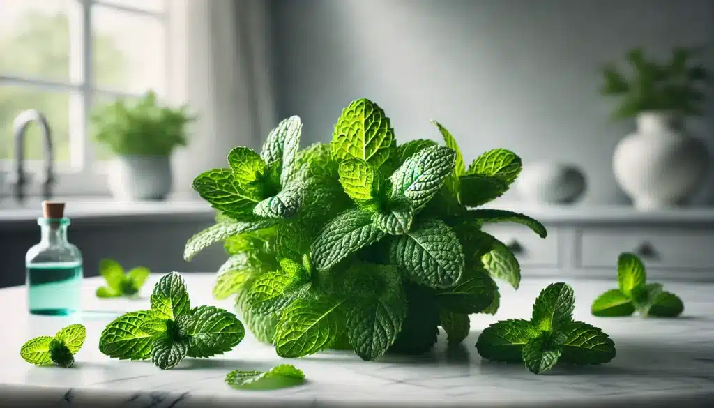 DALL·E 2025 01 23 19.27.46 A beautiful and fresh display of mint leaves Mentha spicata arranged aesthetically on a marble countertop. The leaves are vibrant green showing the