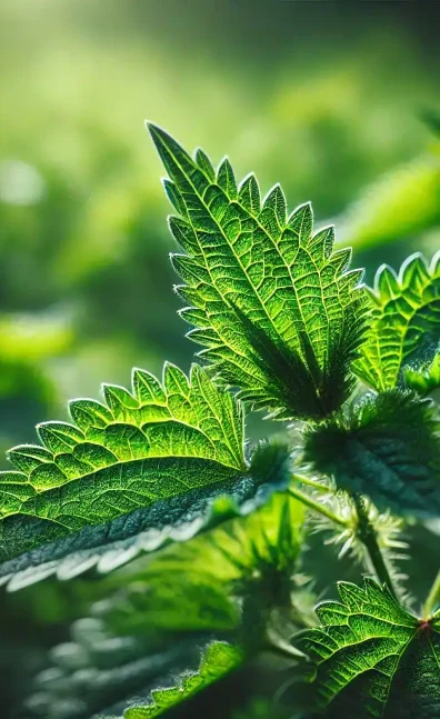 DALL·E 2024-10-15 23.47.29 - A vibrant and detailed image of fresh nettle leaves in their natural habitat. The leaves are shown in close-up, with their characteristic jagged edges