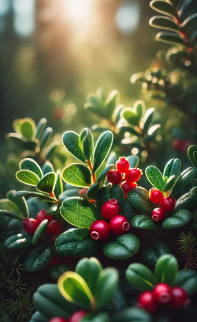 DALL·E 2024-10-21 16.04.55 - A close-up and detailed image of bearberry (Arctostaphylos uva-ursi), also known as 'мечо грозде.' The scene focuses on the vibrant red berries and sm